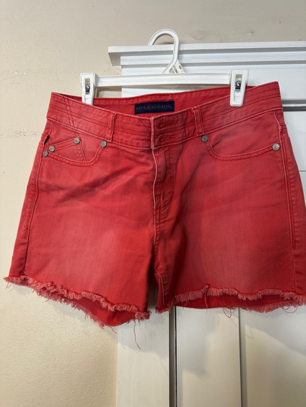 Rock & Republic faded Red Frayed Hem Denim Shorts
